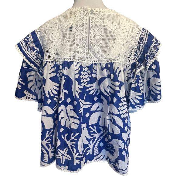 Farm Rio Jungle Scarf Ruffle Lace Blouse Womens Large Blue White Flutter Sleeve - Picture 5 of 11